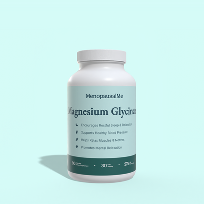 MenopausalMe Magnesium Glycinate supplement bottle on a light blue background