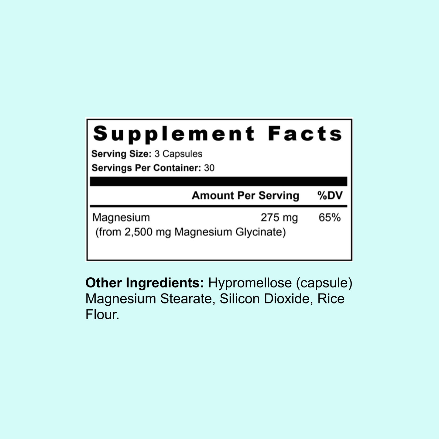 Supplement facts label with magnesium content on a light blue background