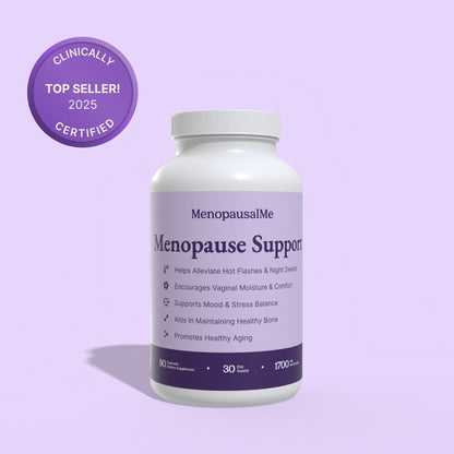 Top Seller & Clinically Certified Menopause support supplement with purple label on a light purple background
