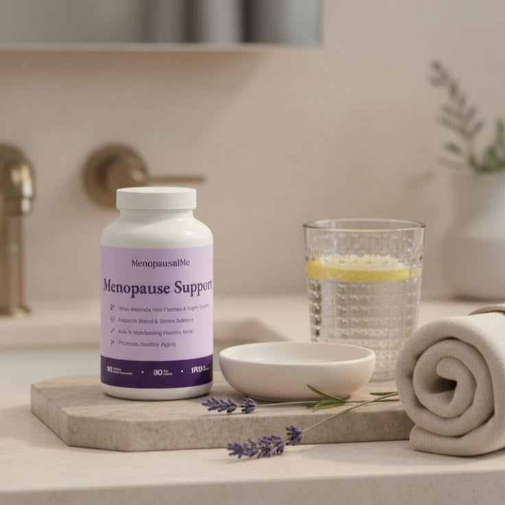 Menopause Support supplement bottle on a bathroom counter with a glass of water and lavender.