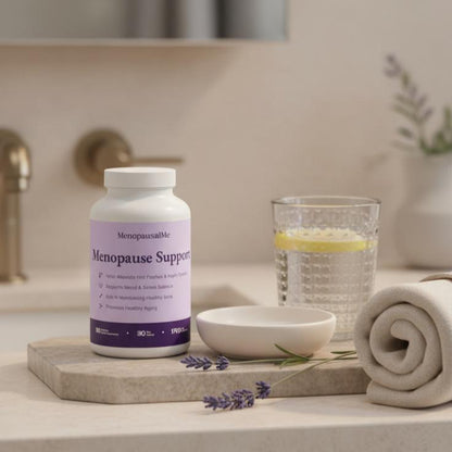 Menopause Support supplement bottle on a bathroom counter with a glass of water and lavender.