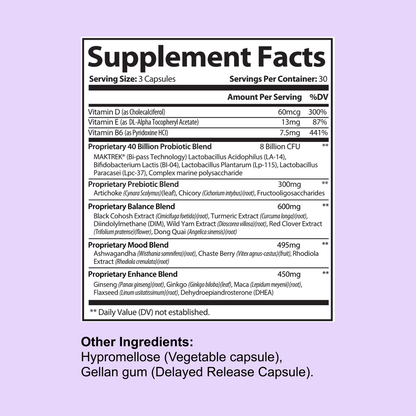 Supplement facts label with detailed ingredient list on a purple background