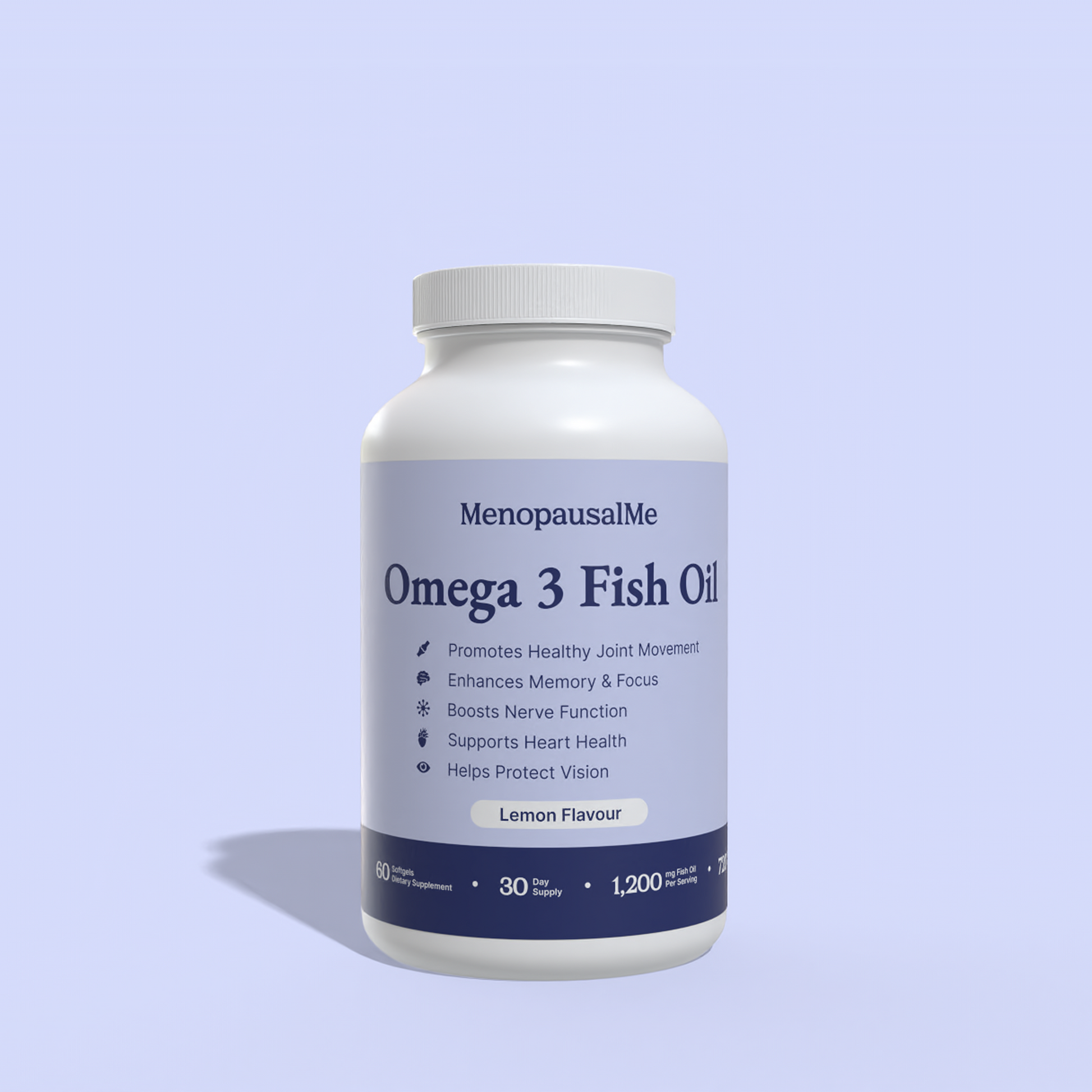 Omega 3 Fish Oil supplement bottle with MenopausalMe branding on a light purple background