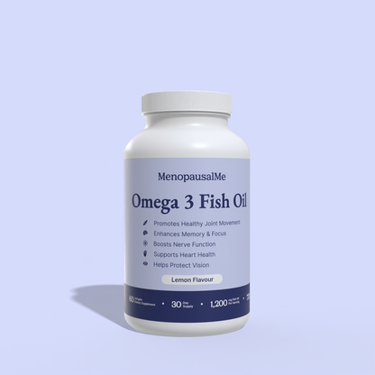 Omega 3 Fish Oil supplement bottle with MenopausalMe branding on a light purple background