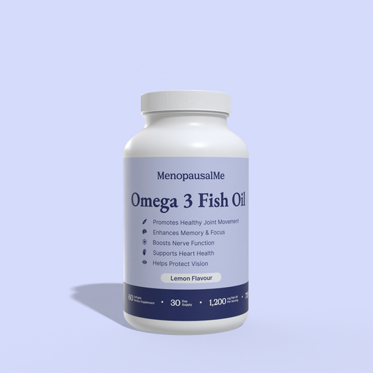 Omega 3 Fish Oil supplement bottle with MenopausalMe branding on a light purple background