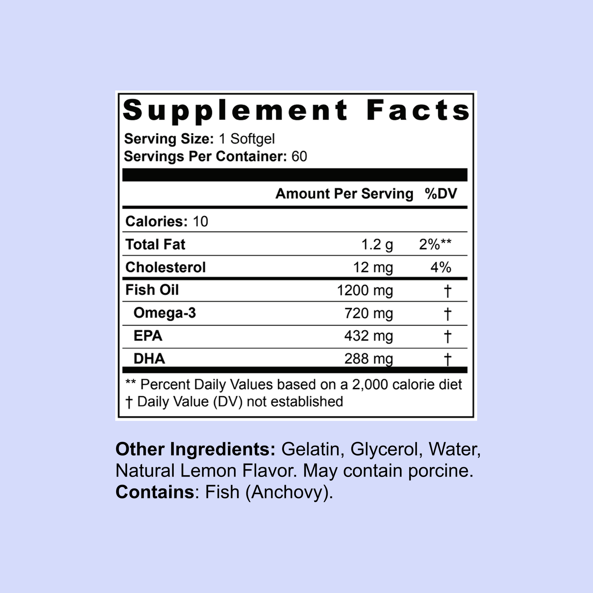 Supplement facts label on a light purple background
